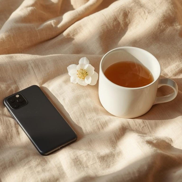Ein Smartphone und eine Tasse Tee auf einer hellen Leinen-Decke zur unkomplizierten Terminanfrage via WhatsApp in Goslar
