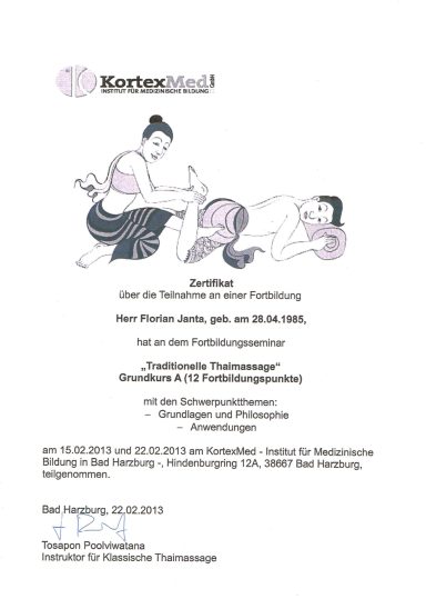 Zertifikat für traditionelle Thai-Massage als Teil des ganzheitlichen, körperlichen Wissensschatzes.