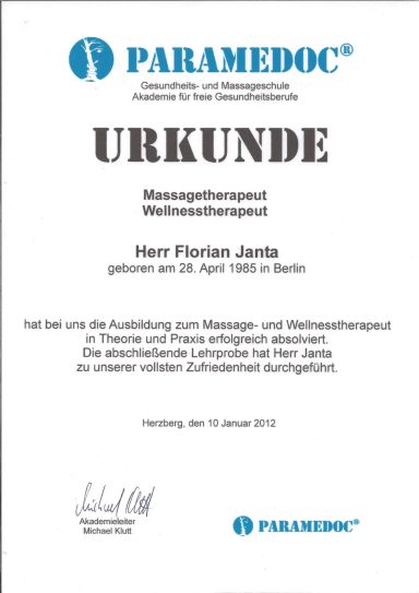 Zertifikat als Wellness-Massage-Therapeut für das fundierte Verständnis von tiefen körperlichen Entspannungsprozessen.
